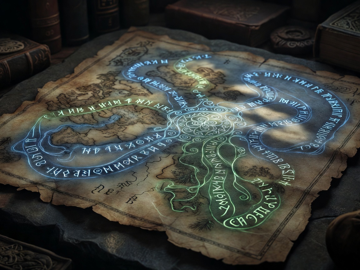 Ancient magical map glowing with elven runes