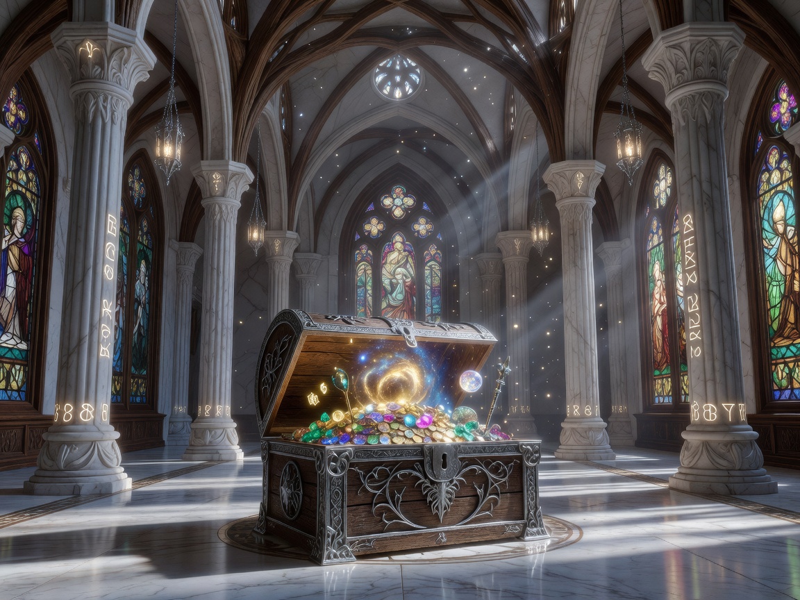 Enchanted treasure chest glowing inside an elven castle hall