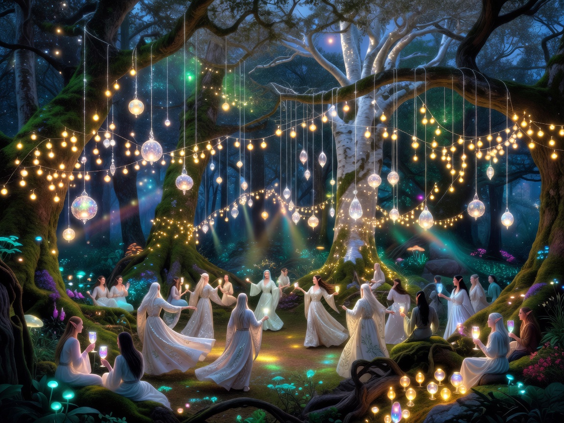 Glowing magical forest celebration with elven lights